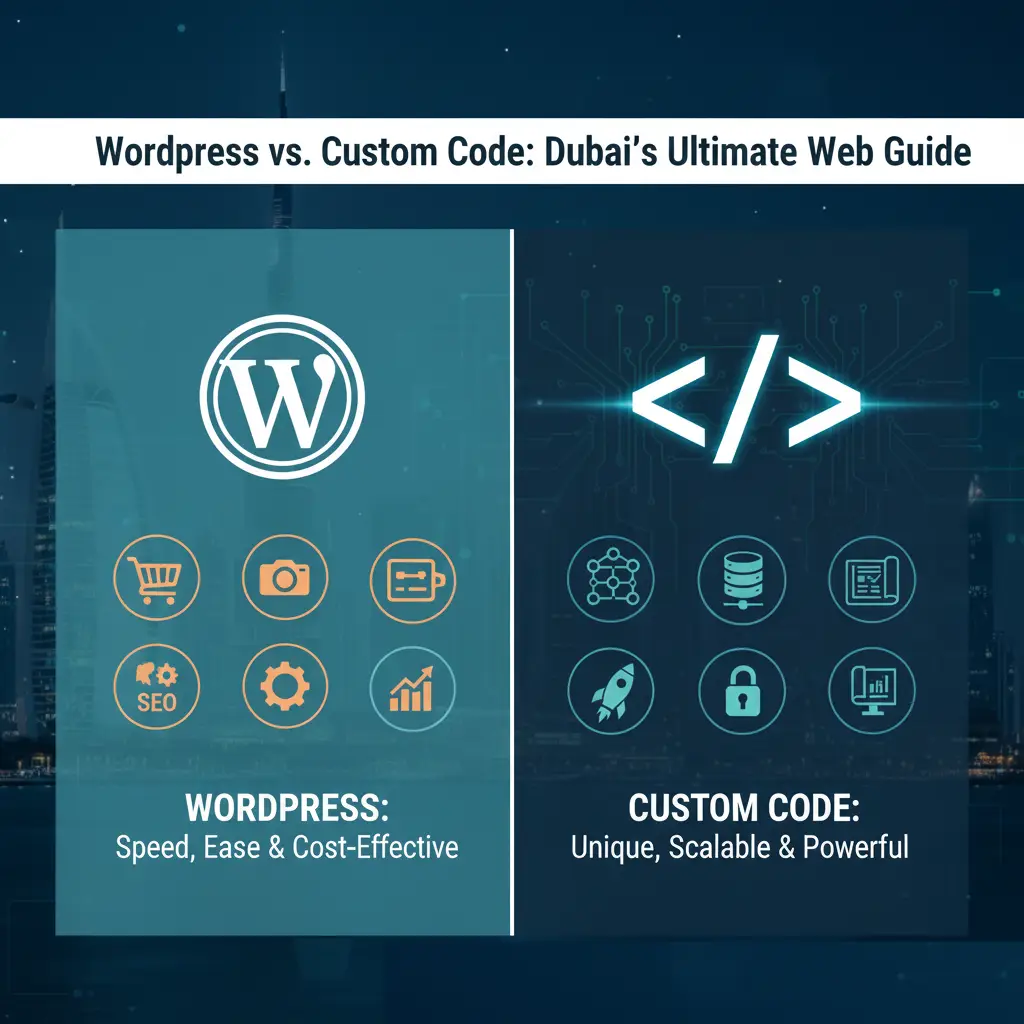 Web Design Dubai, WordPress Vs Custom, SME Websites, Freelancer Dubai, Custom Web Development, WordPress Development, Website Cost, Web Strategy, UAE Business, Digital Transformation, Web Performance, Startup Website